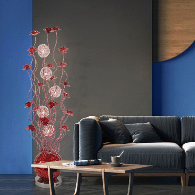 Modern Red Aluminum Flower Swing Line Floor Lamp with LED Lighting for Living Room Decor