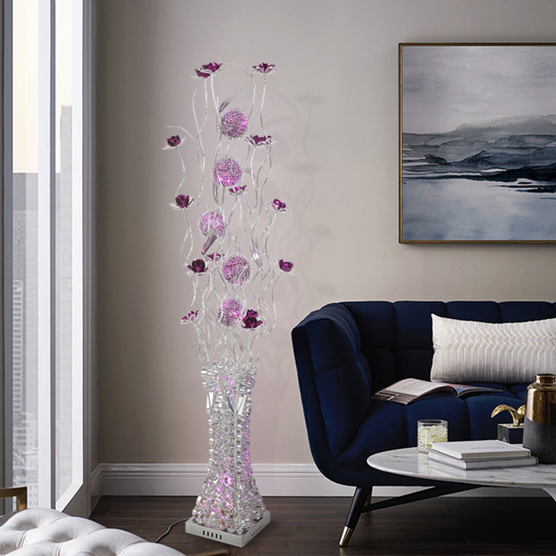 Metallic Purple LED Floor Lamp with Decorative Flower Design