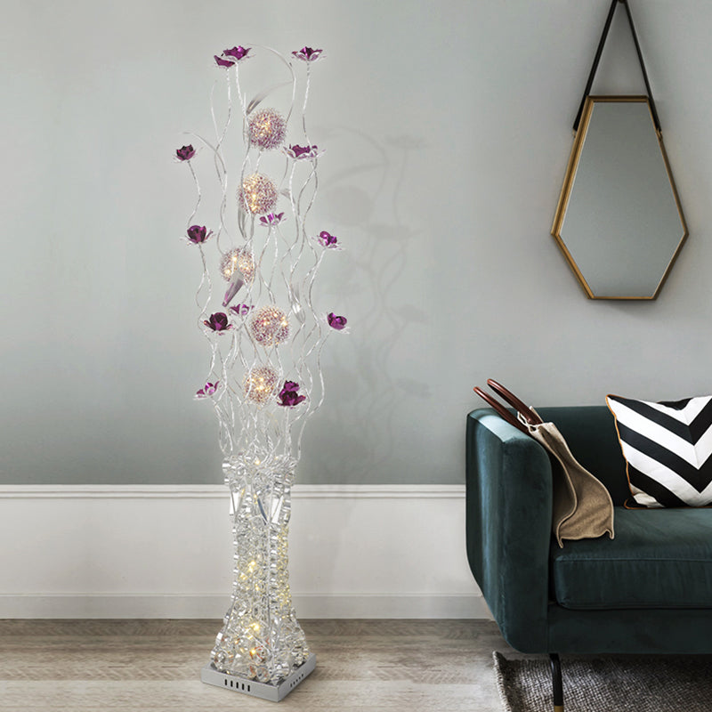 Metallic Purple LED Floor Lamp with Decorative Flower Design
