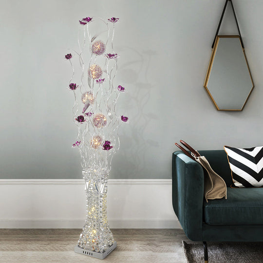 Metallic Purple LED Floor Lamp with Decorative Flower Design