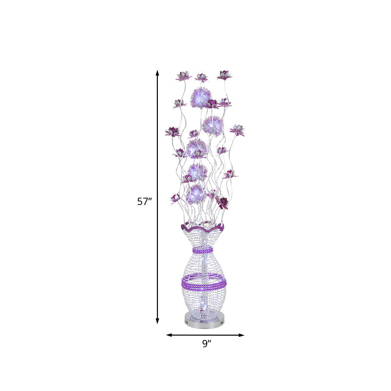 Modern Metal Hollow Urn Floor Lamp with LED Bulb, Purple Blossom Decor - Bedroom Reading and Ambient Lighting