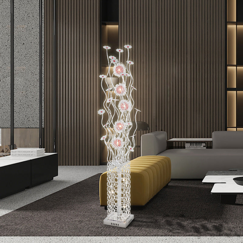 Cuboid Metallic LED Floor Lamp with Floret Design - Silver, Warm/White Light - for Stylish Living Room Decor