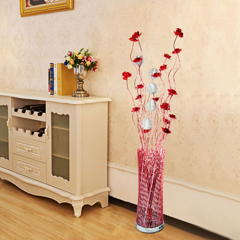 LED Decorative Aluminum Floor Reading Lamp - Twill Cylinder Style in Red/Gold with Bloom Design
