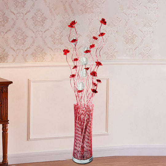 LED Decorative Aluminum Floor Reading Lamp - Twill Cylinder Style in Red/Gold with Bloom Design