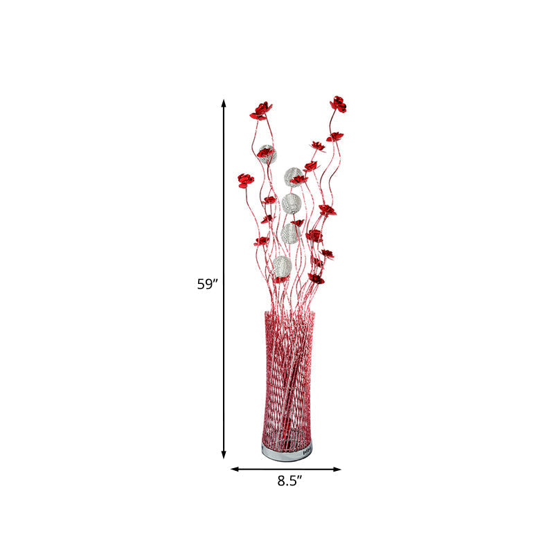LED Decorative Aluminum Floor Reading Lamp - Twill Cylinder Style in Red/Gold with Bloom Design