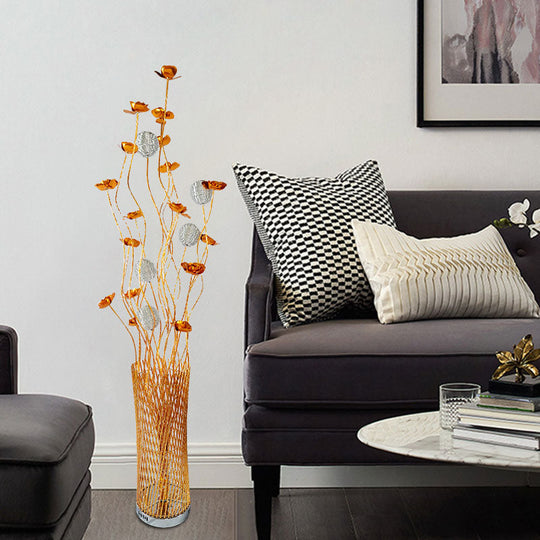 LED Decorative Aluminum Floor Reading Lamp - Twill Cylinder Style in Red/Gold with Bloom Design
