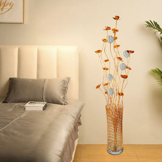 LED Decorative Aluminum Floor Reading Lamp - Twill Cylinder Style in Red/Gold with Bloom Design