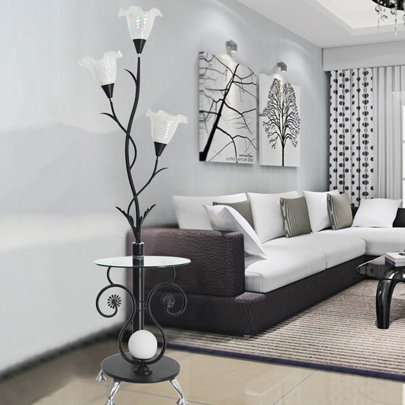Faceted Glass Floor Lamp with Countryside Black/White Floral Shade - 3 Lights, Ideal for Living Rooms