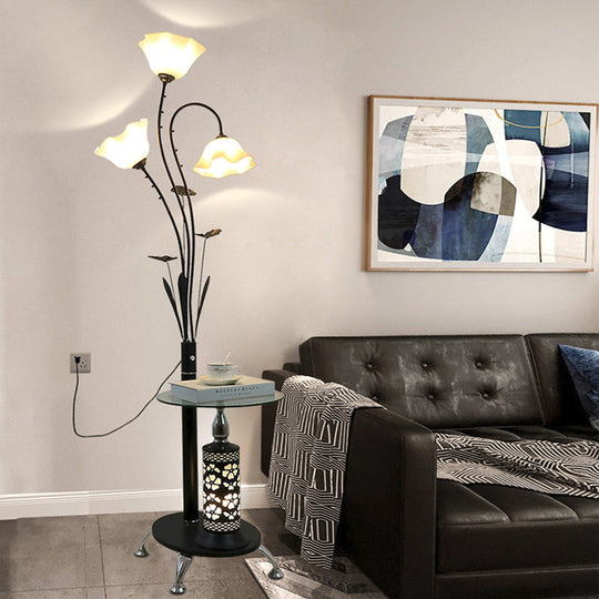 Metallic Floor Lamp: 3-Light Countryside Tree Design, Black/White, Guest Room Standing Up, Floral Shade