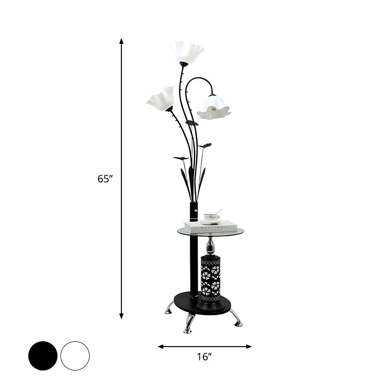 Metallic Floor Lamp: 3-Light Countryside Tree Design, Black/White, Guest Room Standing Up, Floral Shade