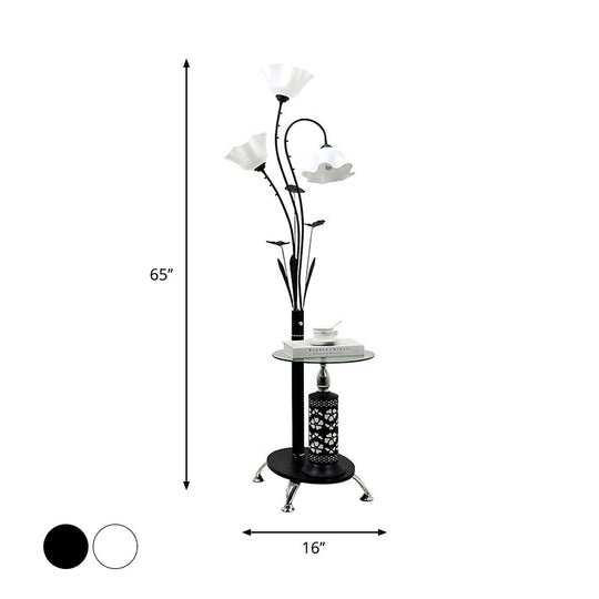 Metallic Floor Lamp: 3-Light Countryside Tree Design, Black/White, Guest Room Standing Up, Floral Shade