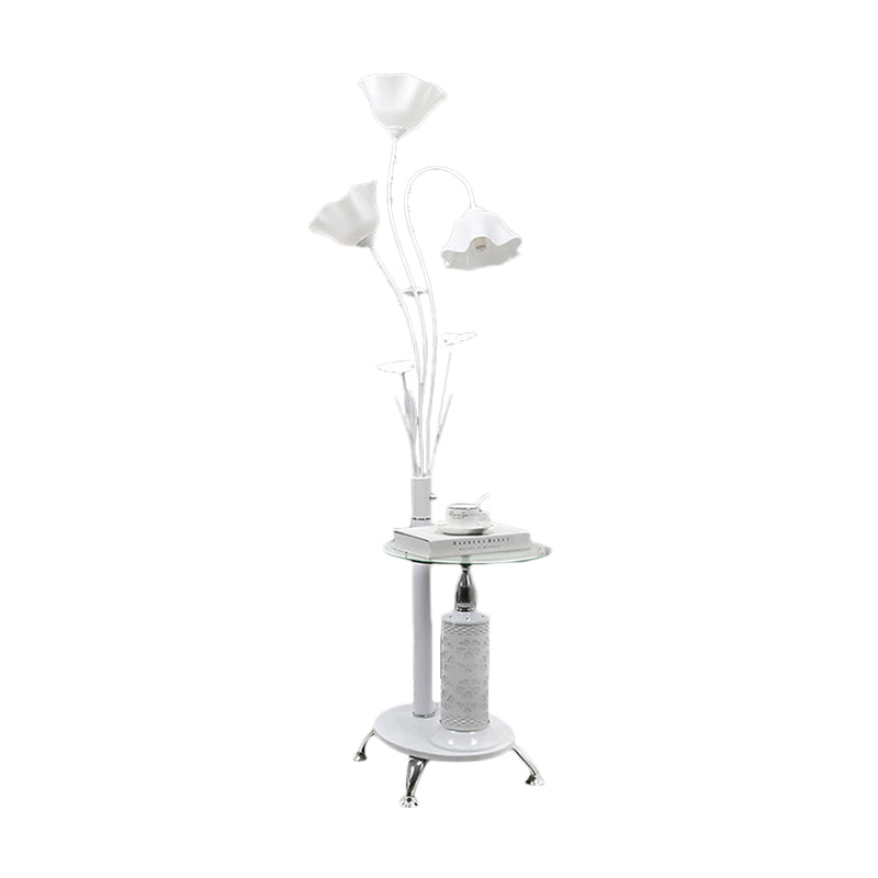 Metallic Floor Lamp: 3-Light Countryside Tree Design, Black/White, Guest Room Standing Up, Floral Shade