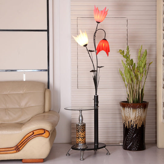 Tree-Shaped Countryside Metallic Floor Lamp: 3-Light Standing, Black with Floral Crystal Shade