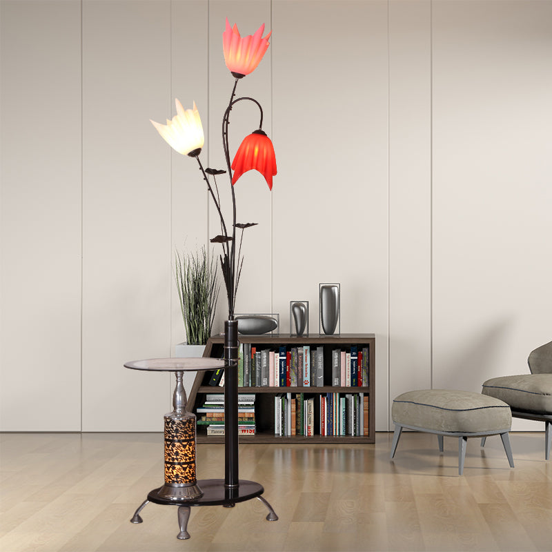 Tree-Shaped Countryside Metallic Floor Lamp: 3-Light Standing, Black with Floral Crystal Shade