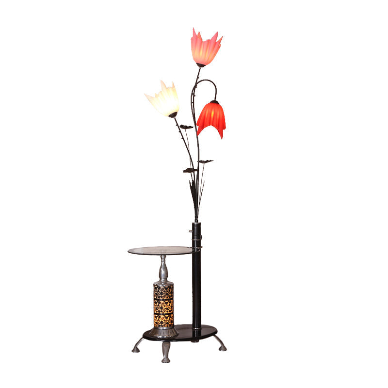 Tree-Shaped Countryside Metallic Floor Lamp: 3-Light Standing, Black with Floral Crystal Shade