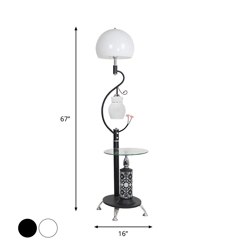2-Bulb Countryside Style Black/White Dome Shade Floor Lamp with Beveled Crystal Accents