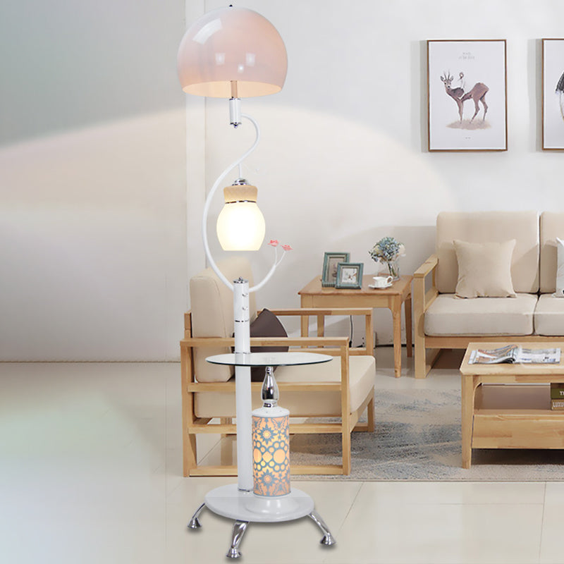 2-Bulb Countryside Style Black/White Dome Shade Floor Lamp with Beveled Crystal Accents