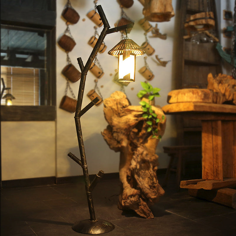 Rural Metallic 1-Bulb Black Tree Design Floor Lamp with Crystal Shade - Perfect for Coffee Shops