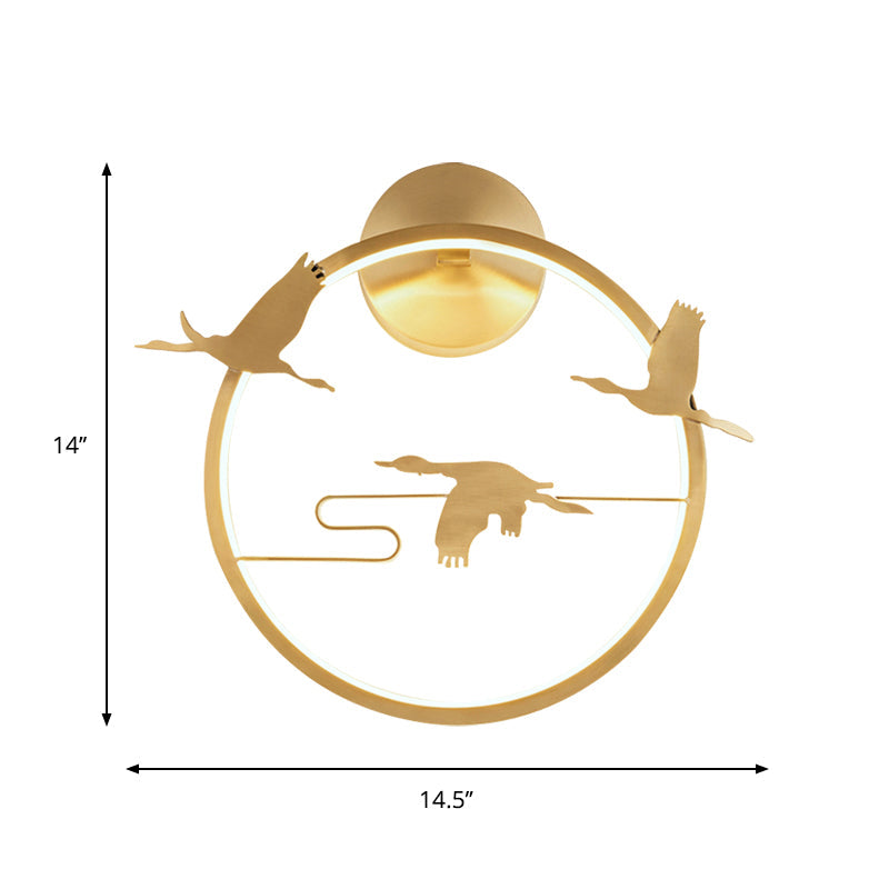 Asia-inspired Round Crane Patterned Wall Mural Lamp: Metallic LED Wall Lighting in Gold