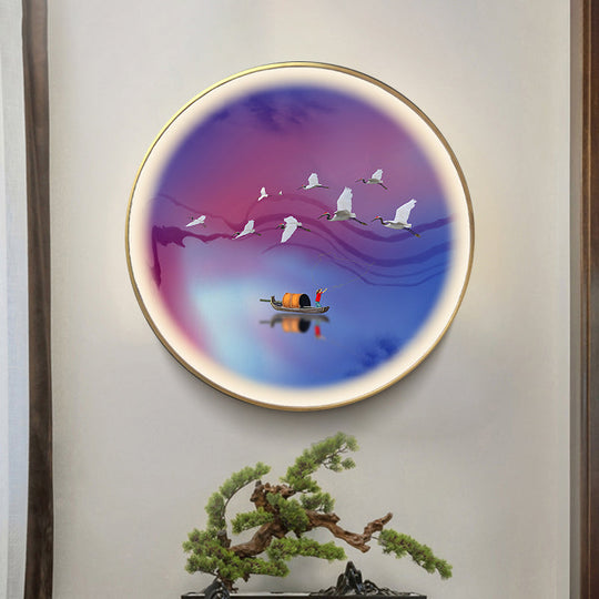 Asia LED Metallic Wall Lamp: Purplish Blue Circular Wall Mural Light with Elegant Crane and Boat Pattern