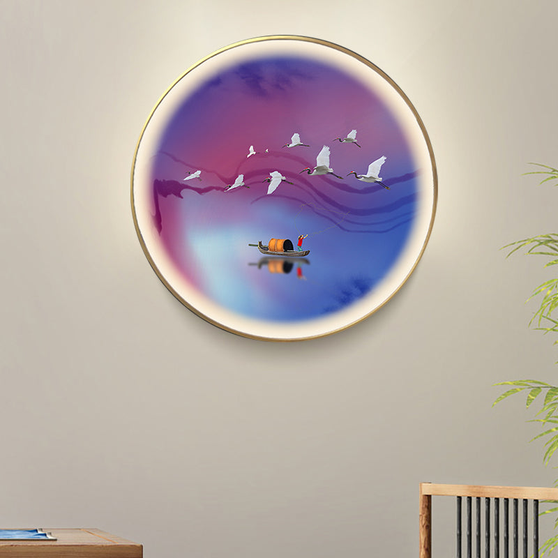 Asia LED Metallic Wall Lamp: Purplish Blue Circular Wall Mural Light with Elegant Crane and Boat Pattern