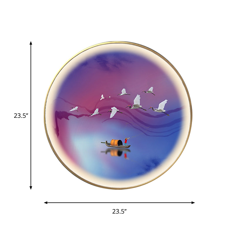 Asia LED Metallic Wall Lamp: Purplish Blue Circular Wall Mural Light with Elegant Crane and Boat Pattern