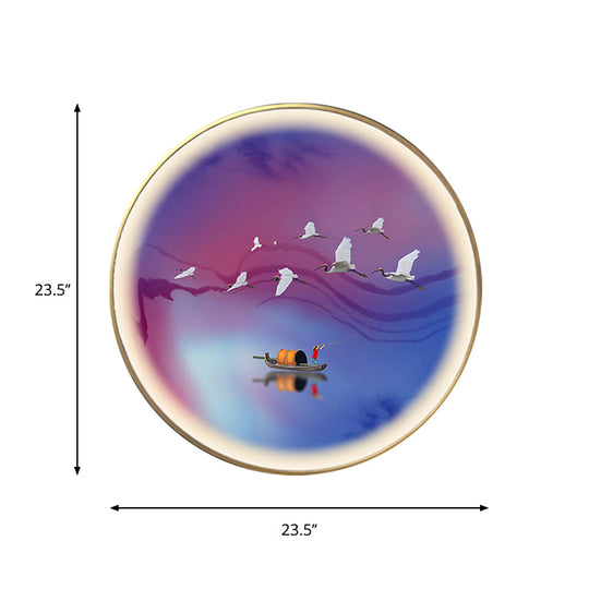 Asia LED Metallic Wall Lamp: Purplish Blue Circular Wall Mural Light with Elegant Crane and Boat Pattern