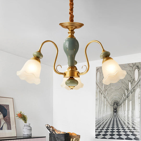 Rural Frosted Glass Green Flower Pendant Light with 3/5/6 Bulbs - Chandelier for Guest Rooms