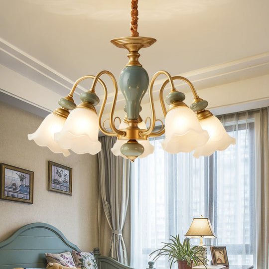 Rural Frosted Glass Green Flower Pendant Light with 3/5/6 Bulbs - Chandelier for Guest Rooms