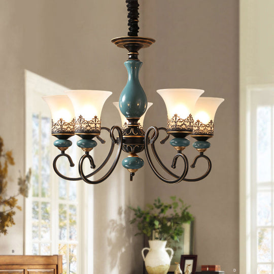 Milky Glass Bell Shade Pendant Light in Rustic Blue - 3/5/6-Head Chandelier for Unique Lighting Atmosphere