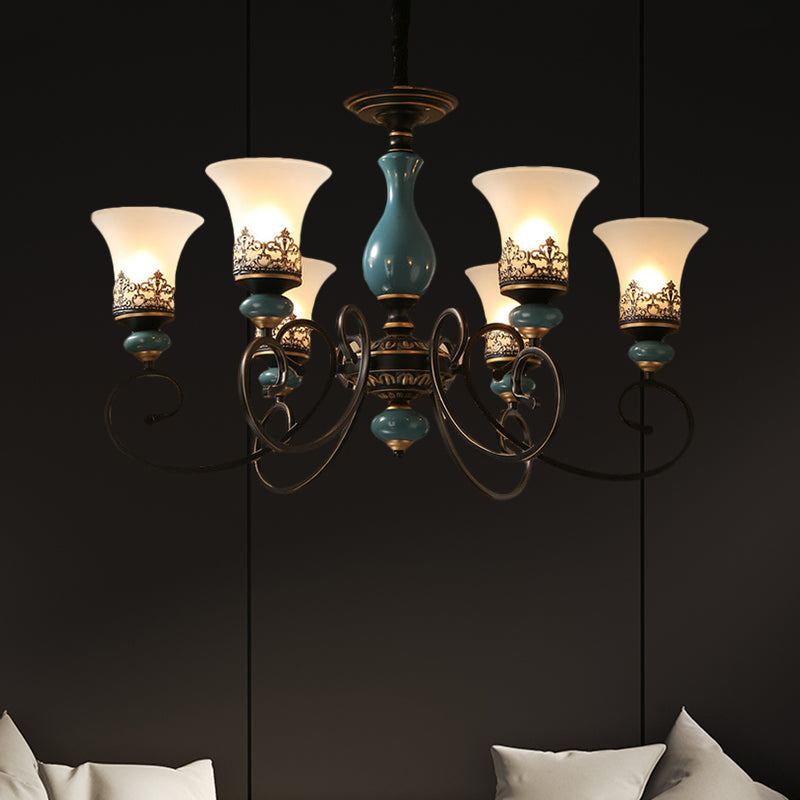 Milky Glass Bell Shade Pendant Light in Rustic Blue - 3/5/6-Head Chandelier for Unique Lighting Atmosphere