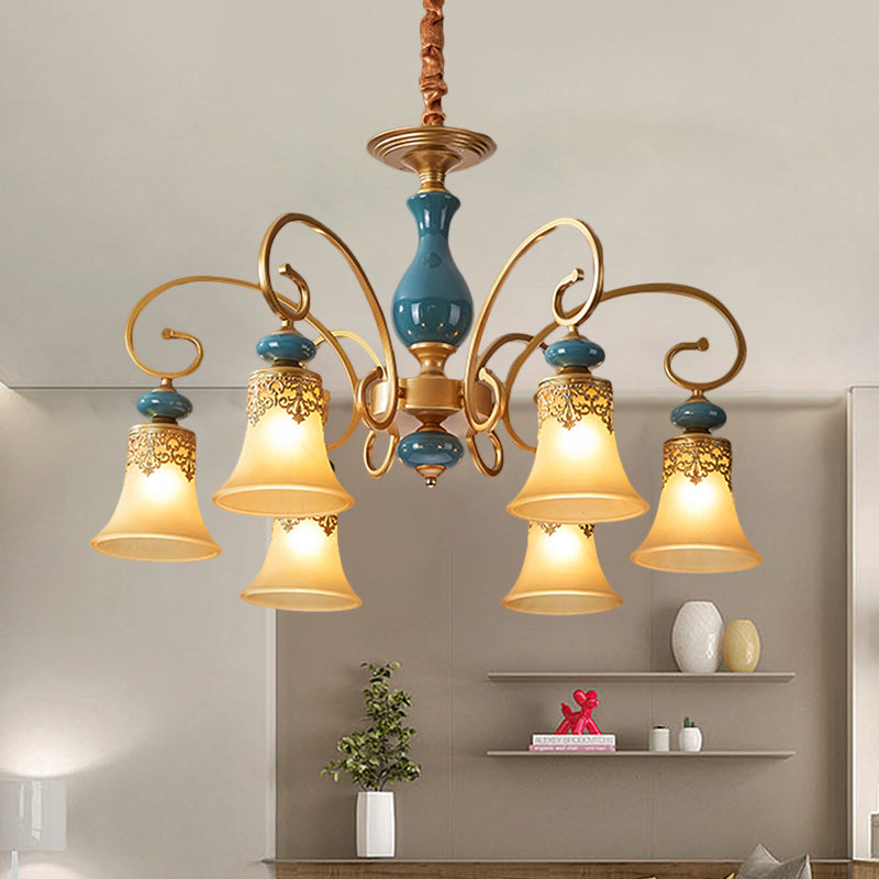 Countryside Brass Suspension Pendant Chandelier with Bell Milk Glass Shade - 3/5/6-Bulb Swooping Arm