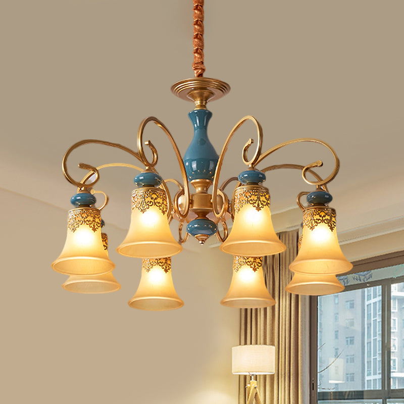 Countryside Brass Suspension Pendant Chandelier with Bell Milk Glass Shade - 3/5/6-Bulb Swooping Arm