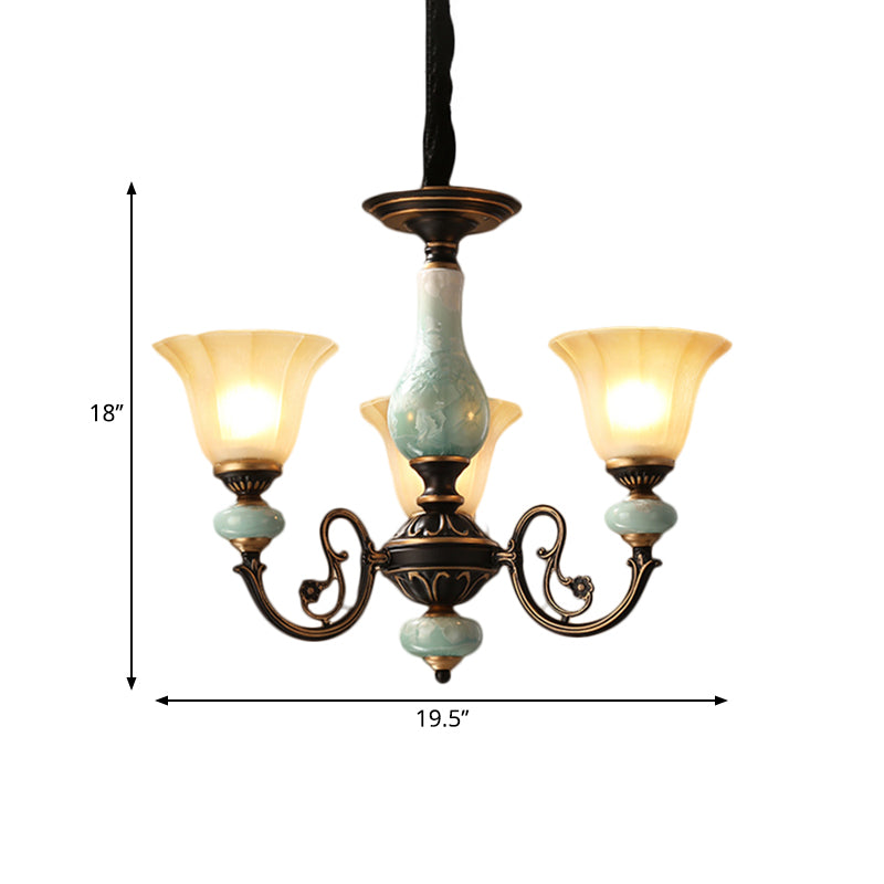 Curvy Armed Pendant Chandelier - Rural Style Black-Gold Metallic Ceiling Light with Blossom Shade, 3/5/6 Lights, for Living Room