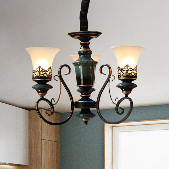 Rustic Black-Gold Chandelier with Bell Shade and Opal Glass – Perfect for Guest Rooms (3/5/6-Bulb)