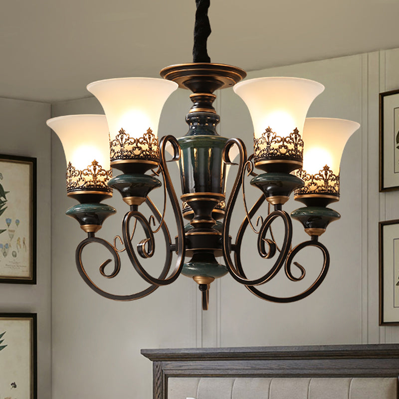 Rustic Black-Gold Chandelier with Bell Shade and Opal Glass – Perfect for Guest Rooms (3/5/6-Bulb)
