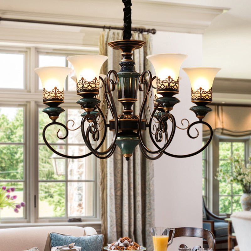 Rustic Black-Gold Chandelier with Bell Shade and Opal Glass – Perfect for Guest Rooms (3/5/6-Bulb)