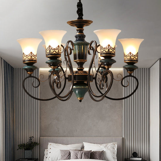 Rustic Black-Gold Chandelier with Bell Shade and Opal Glass – Perfect for Guest Rooms (3/5/6-Bulb)