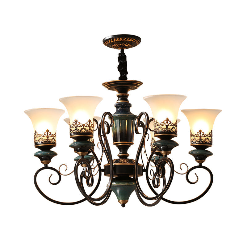 Rustic Black-Gold Chandelier with Bell Shade and Opal Glass – Perfect for Guest Rooms (3/5/6-Bulb)
