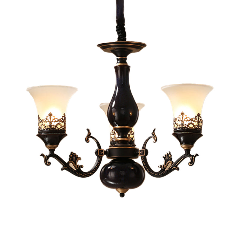 Black Bell Shaped Ceiling Suspension Lamp with Frosted Glass and Multiple Heads - Countryside Chandelier for Living Room Lighting