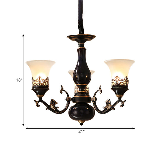 Black Bell Shaped Ceiling Suspension Lamp with Frosted Glass and Multiple Heads - Countryside Chandelier for Living Room Lighting