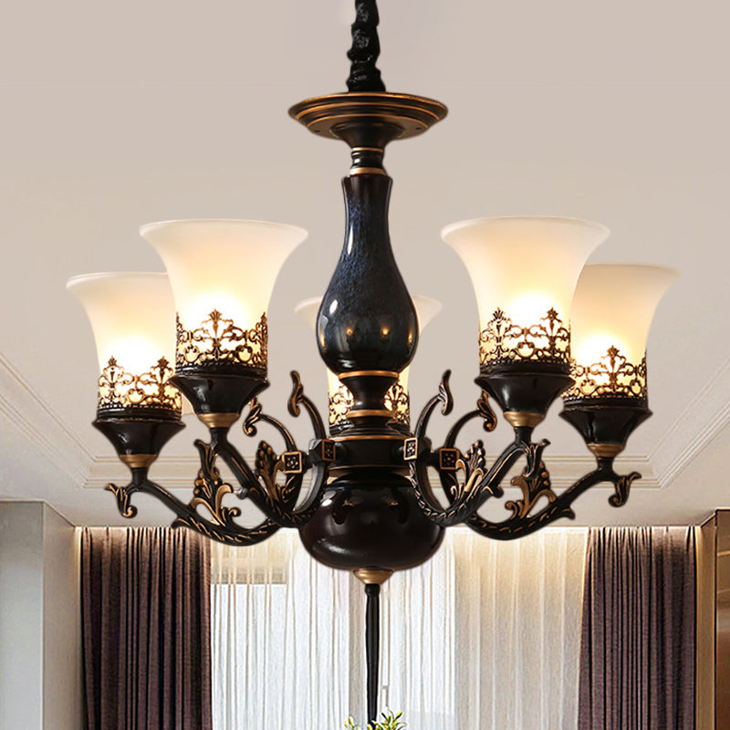 Black Bell Shaped Ceiling Suspension Lamp with Frosted Glass and Multiple Heads - Countryside Chandelier for Living Room Lighting