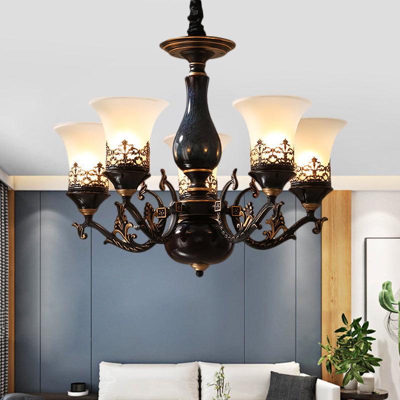 Black Bell Shaped Ceiling Suspension Lamp with Frosted Glass and Multiple Heads - Countryside Chandelier for Living Room Lighting