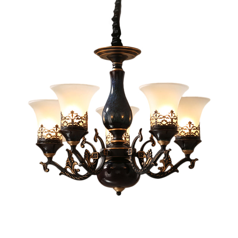 Black Bell Shaped Ceiling Suspension Lamp with Frosted Glass and Multiple Heads - Countryside Chandelier for Living Room Lighting