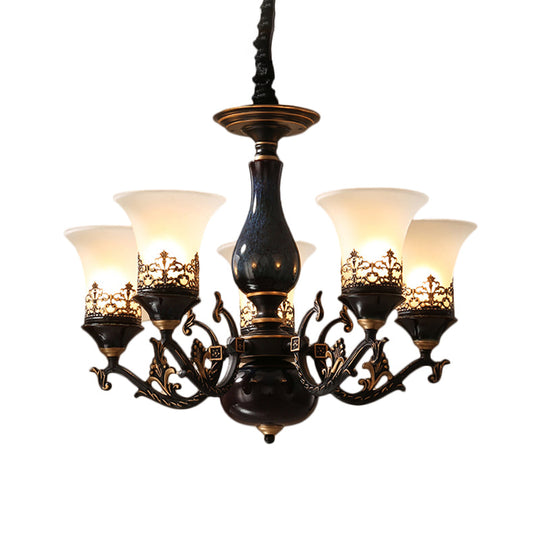 Black Bell Shaped Ceiling Suspension Lamp with Frosted Glass and Multiple Heads - Countryside Chandelier for Living Room Lighting