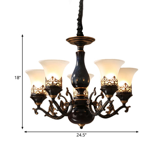 Black Bell Shaped Ceiling Suspension Lamp with Frosted Glass and Multiple Heads - Countryside Chandelier for Living Room Lighting
