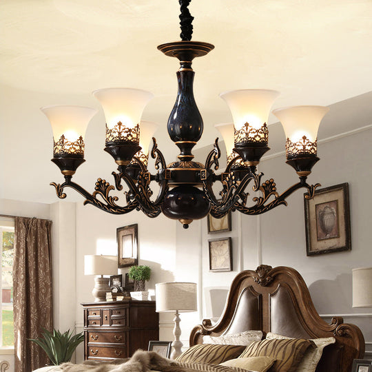 Black Bell Shaped Ceiling Suspension Lamp with Frosted Glass and Multiple Heads - Countryside Chandelier for Living Room Lighting
