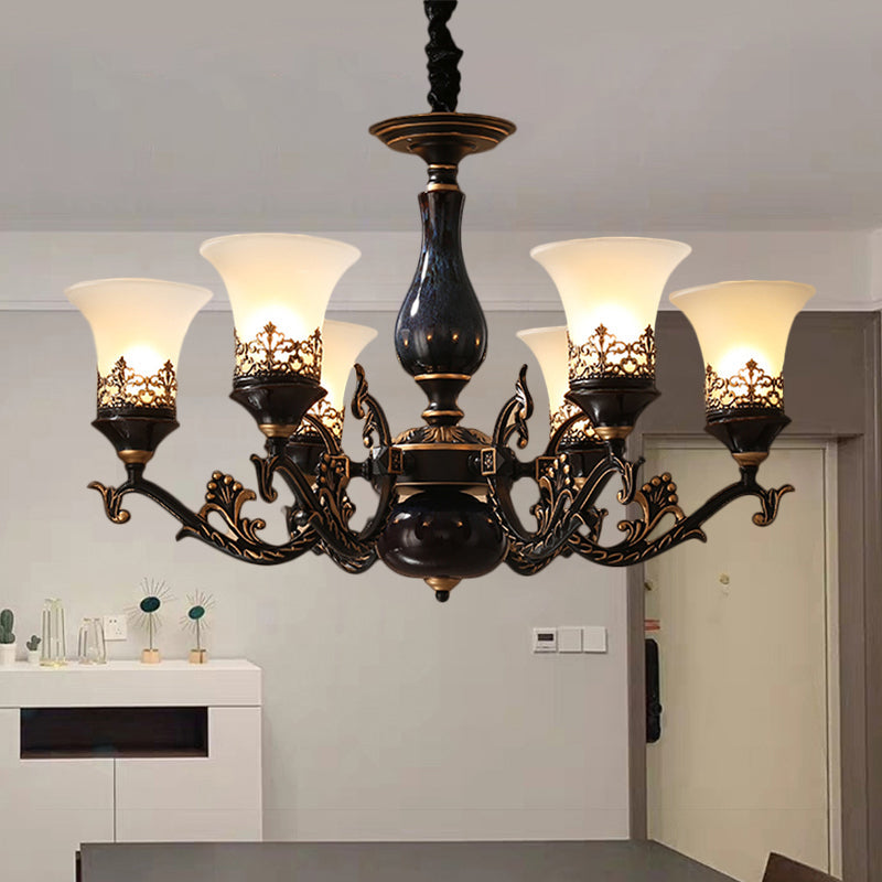 Black Bell Shaped Ceiling Suspension Lamp with Frosted Glass and Multiple Heads - Countryside Chandelier for Living Room Lighting