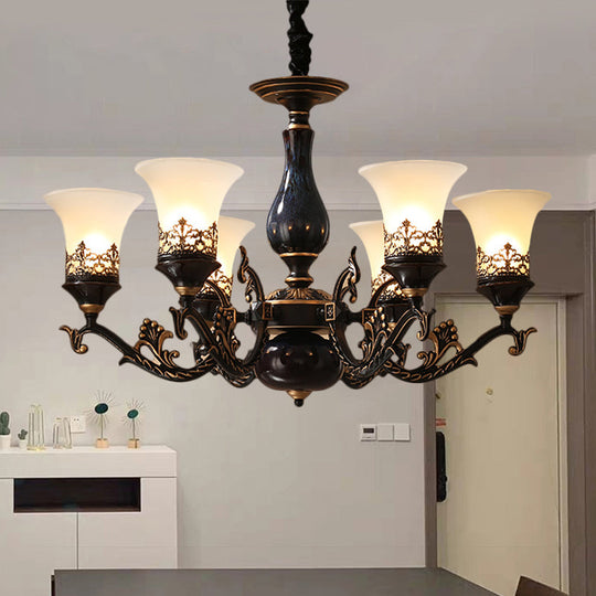 Black Bell Shaped Ceiling Suspension Lamp with Frosted Glass and Multiple Heads - Countryside Chandelier for Living Room Lighting