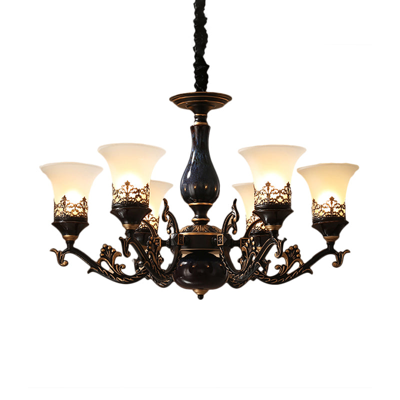 Black Bell Shaped Ceiling Suspension Lamp with Frosted Glass and Multiple Heads - Countryside Chandelier for Living Room Lighting